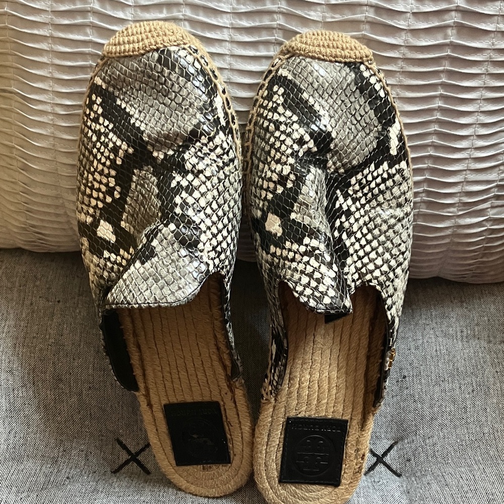 Tory Burch rope snake print flats espadrilles slides embossed leather sz 10